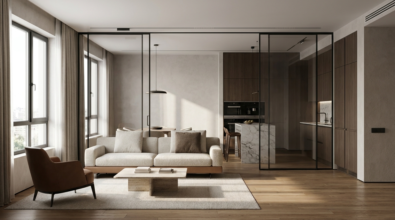 Зонирование премиальной квартиры стеклянными перегородками