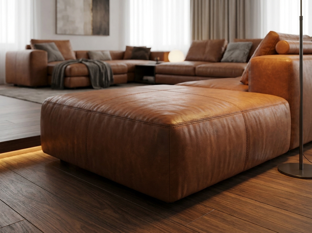 Островной кожаный диван в интерьере гостиной